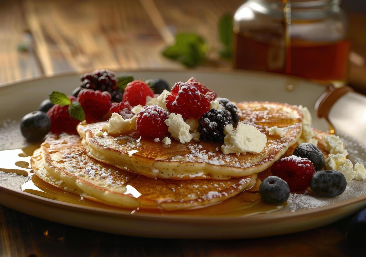 Stack of Pancakes With Fresh Berries and Syrup on Wooden Table photo