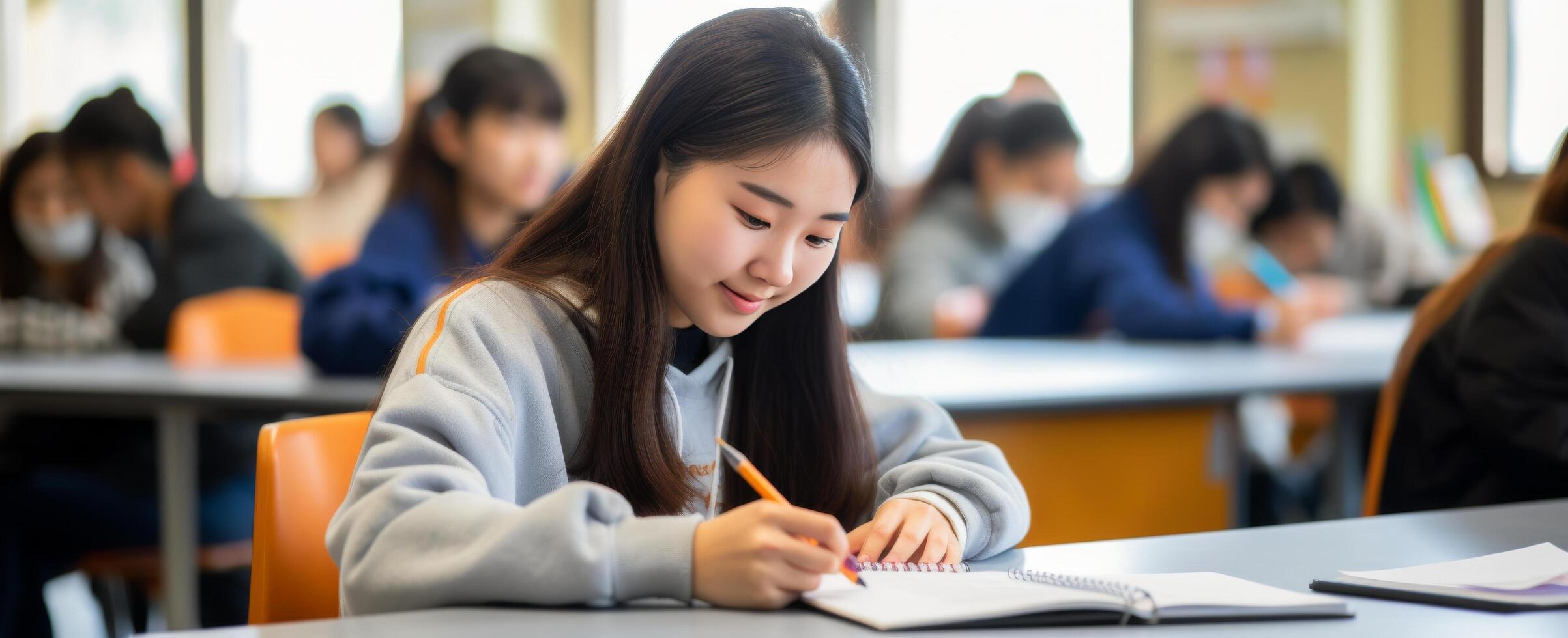 Young Woman Taking Notes in a Classroom During a Daytime Lecture photo