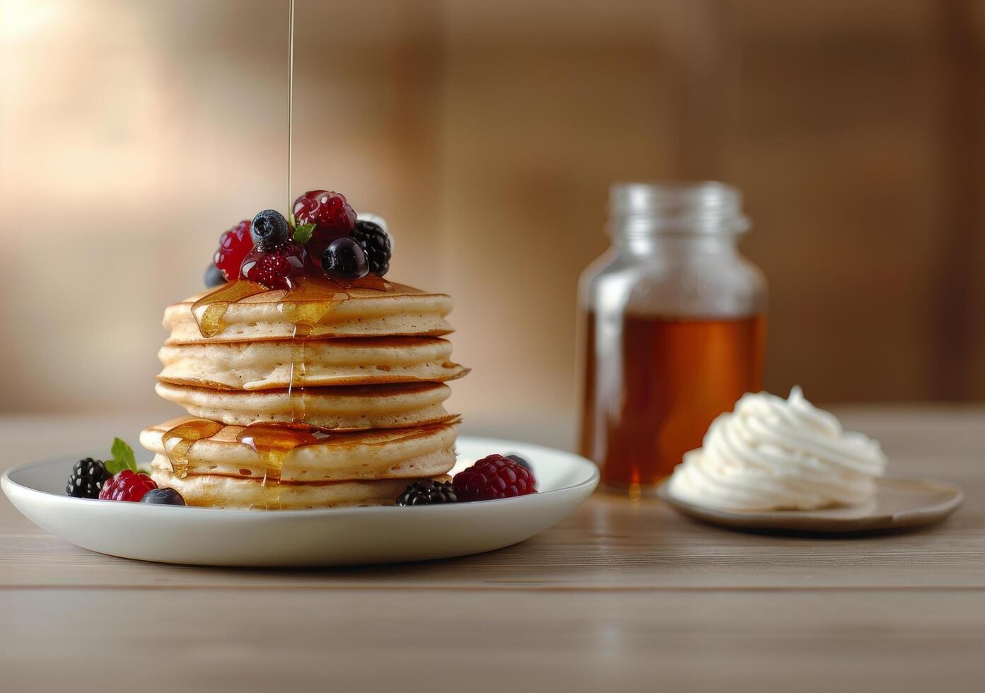 Delicious Stack of Pancakes With Berries and Syrup for Breakfast photo