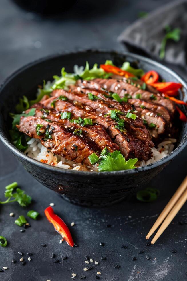 Black Bowl of Rice With Bok Choy, Spicy Sauce, and Sesame Seeds photo