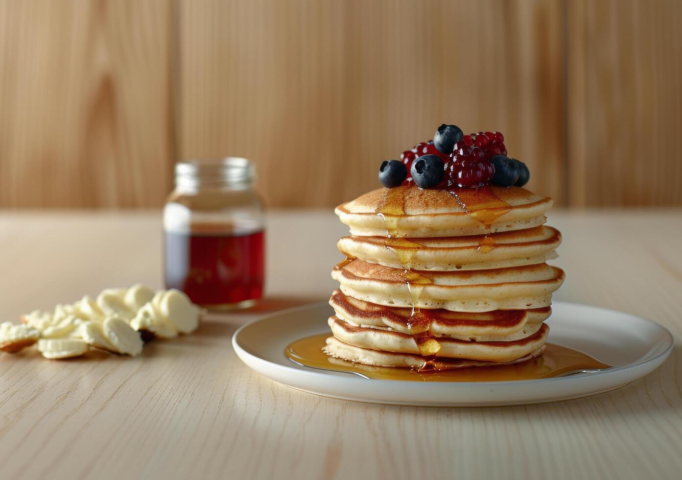 Delicious Stack of Pancakes With Berries and Syrup for Breakfast photo