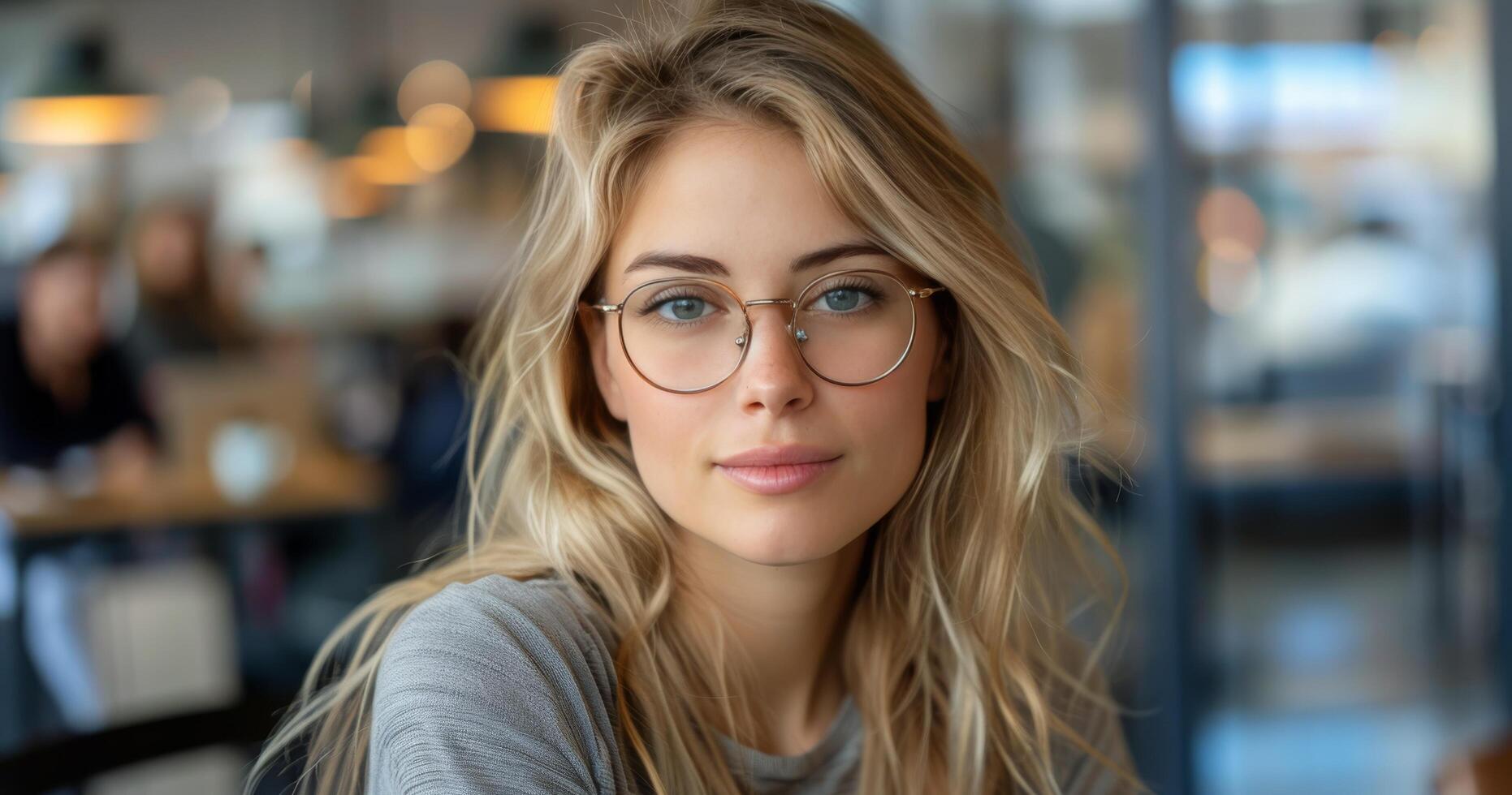 Woman With Blonde Hair Wearing Glasses in a Cafe photo