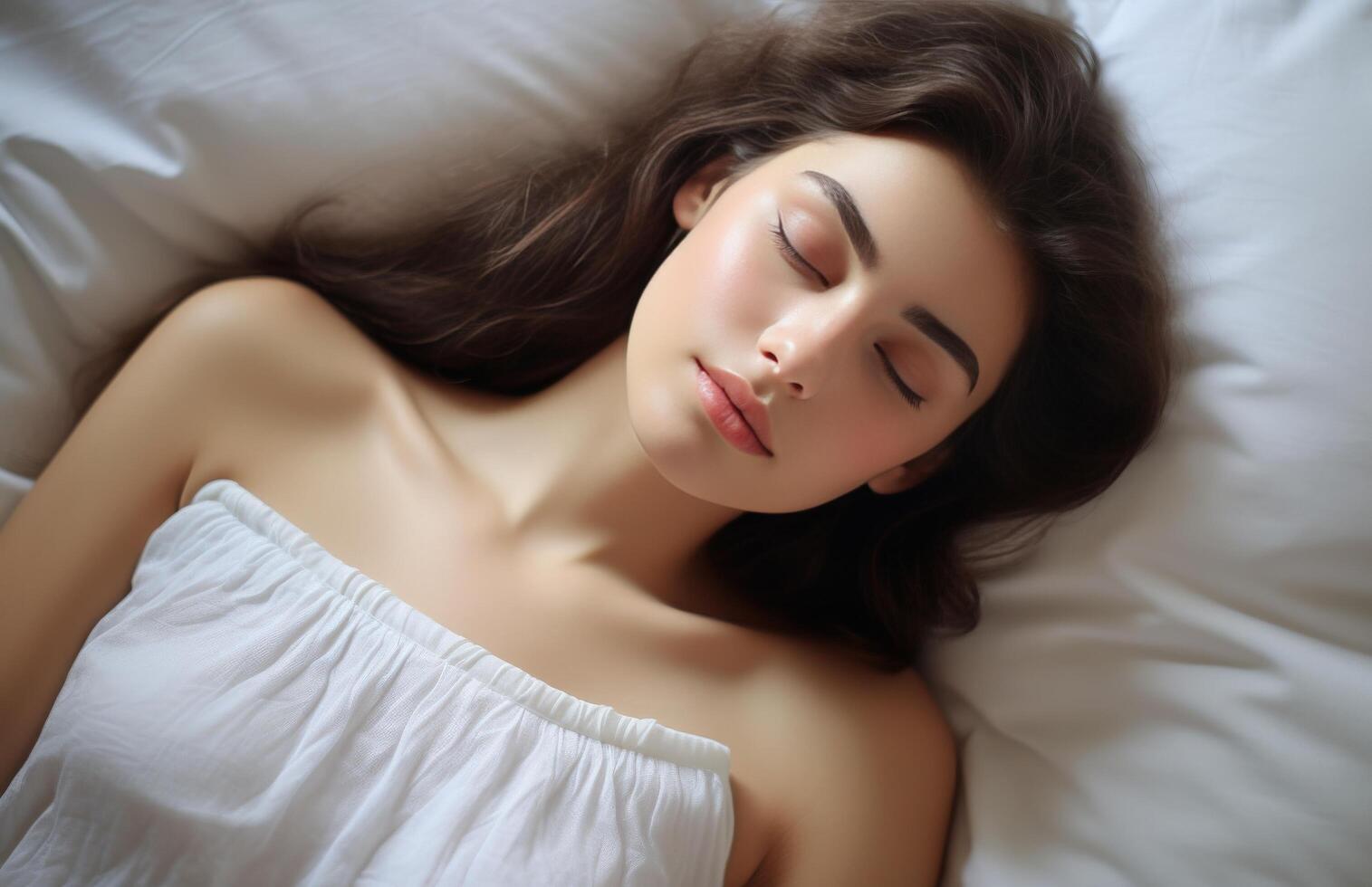 Woman Sleeping in Bed With White Bedding and Sheer Curtains photo