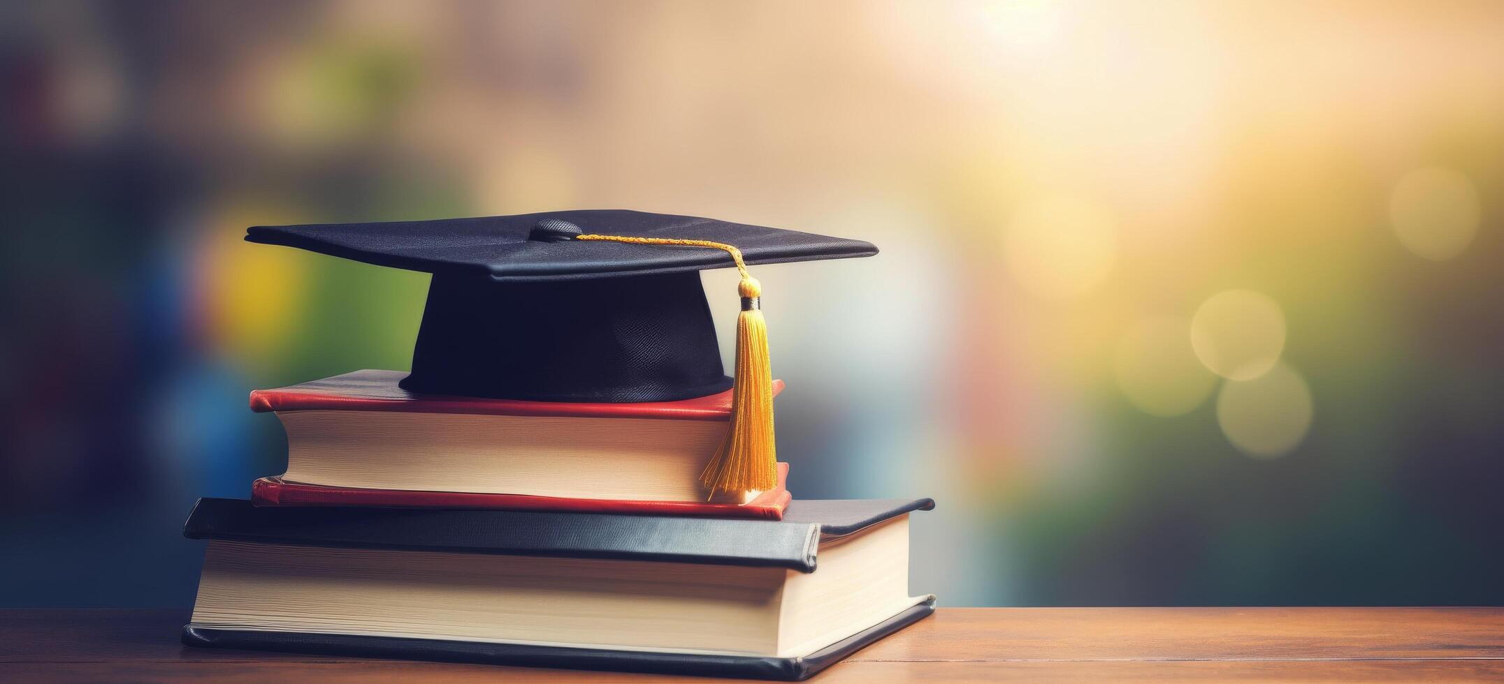 Graduation Cap and Books on Wooden Table With Blurred Background photo