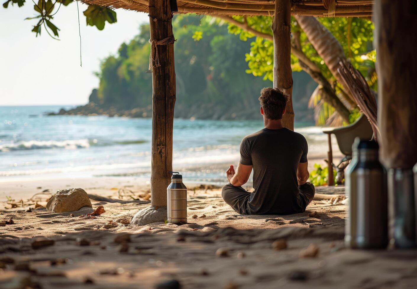 Man Meditating On Beach Under Tropical Shelter photo
