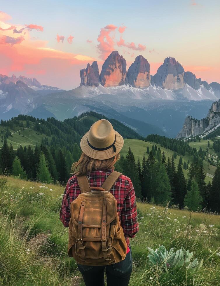 Woman Wearing a Hat and Backpack Admires the Majestic Tre Cime Di Lavaredo in Italy photo