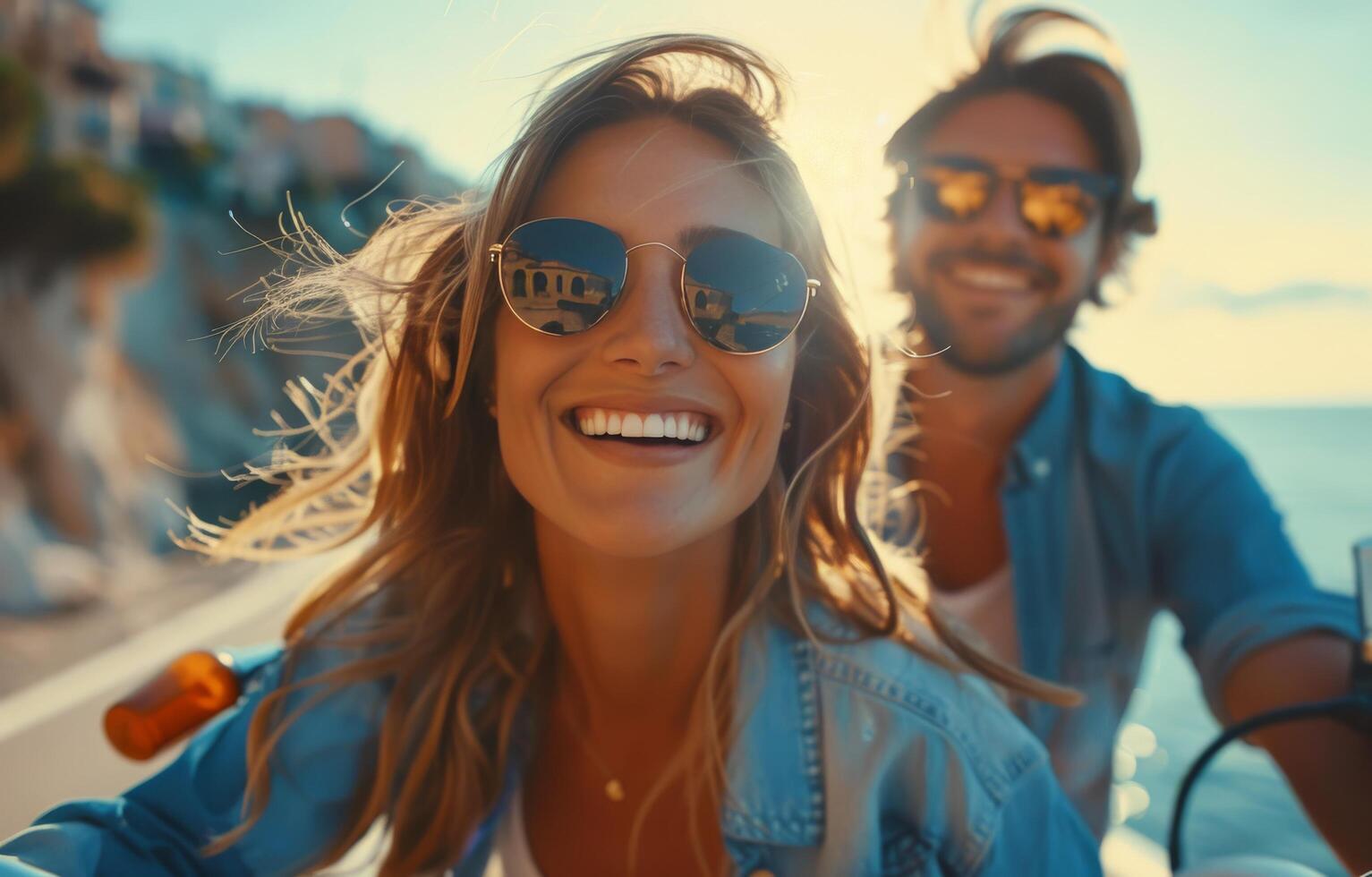 Happy Couple Riding Scooter Through Coastal Town at Sunset photo