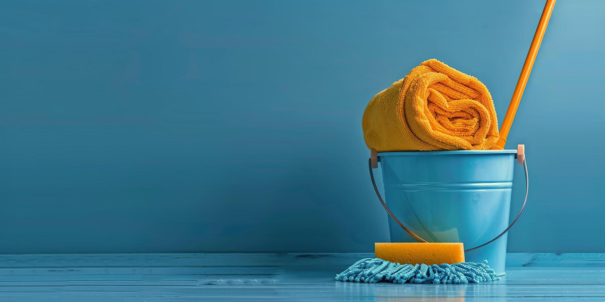Blue Cleaning Bucket With Yellow Cleaning Supplies photo