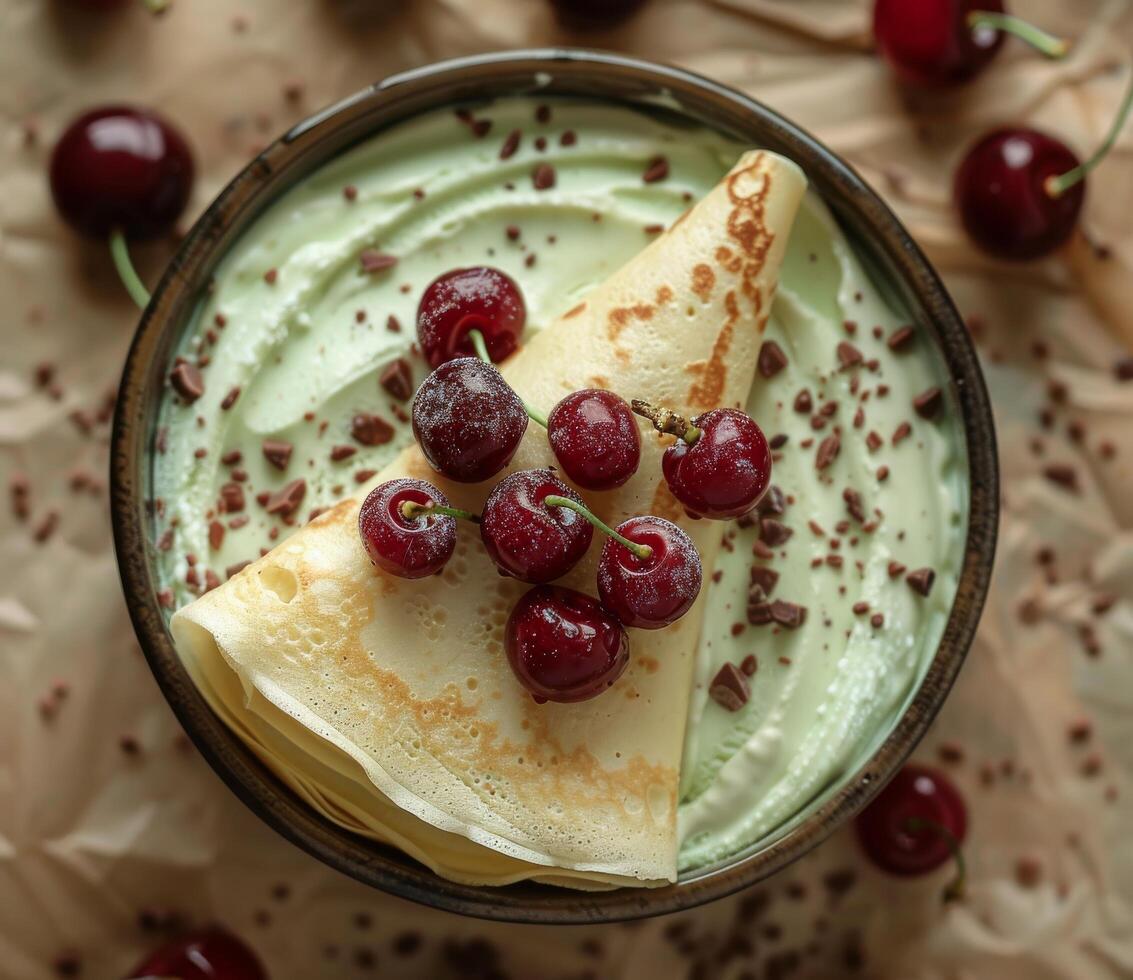 Close Up of a Stack of Crepes With Cherries and Whipped Cream in a Gray Bowl photo