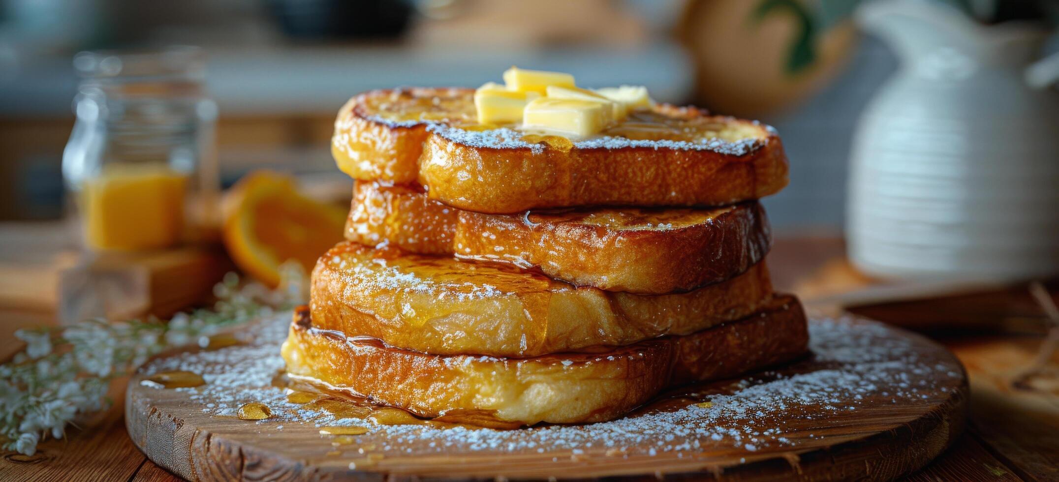 Buttery French Toast Smothered in Syrup on a Wooden Cutting Board photo