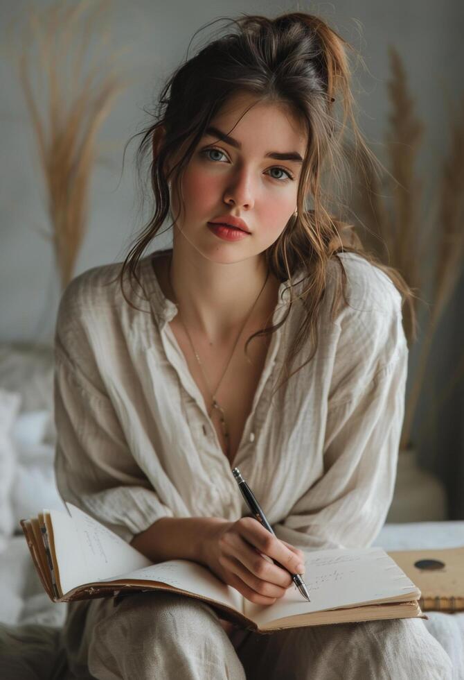 Woman Writing in a Book While Sitting in a Cozy Home Setting photo