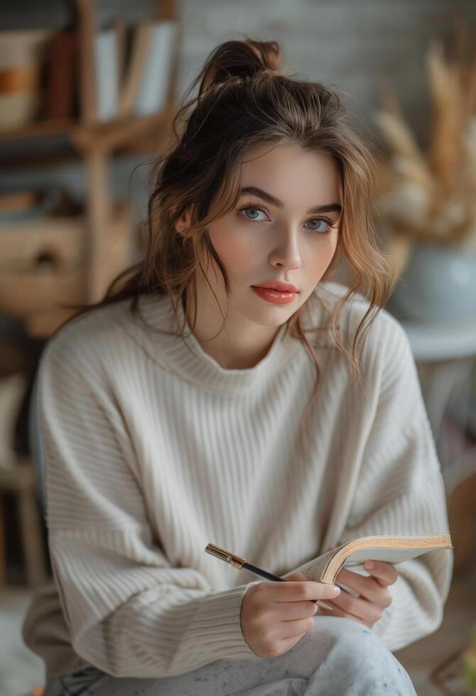 Woman Writing in a Book While Sitting in a Cozy Home Setting photo