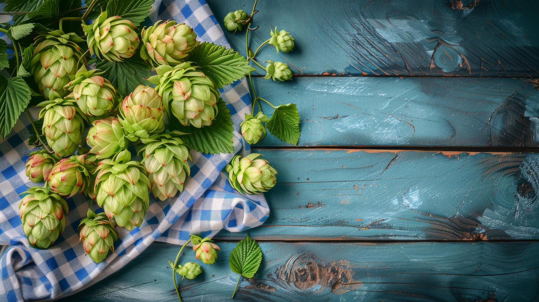 Fresh Green Hops on Rustic Wooden Background With Blue Checkered Cloth photo