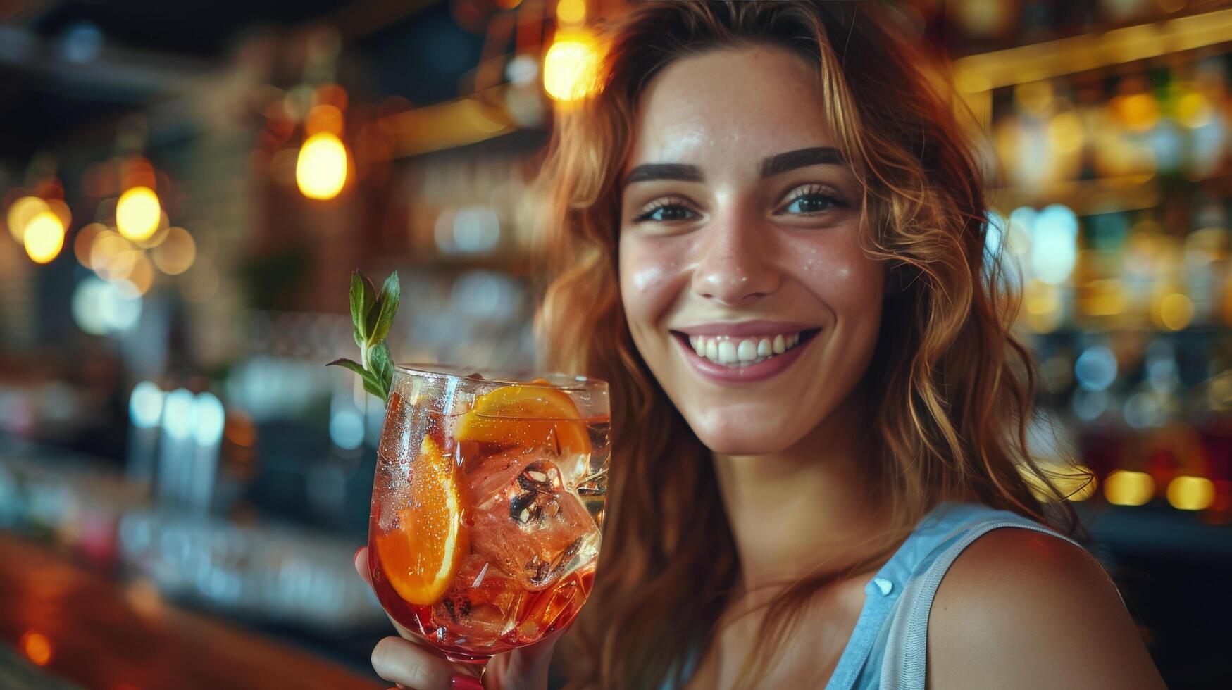 Happy Woman Enjoying a Refreshing Drink at a Bar photo