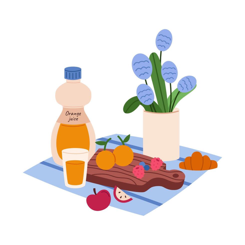 Summer outdoor picnic concept. Orange juice, fruits and berries on blanket. Flat illustration isolated on white background. vector