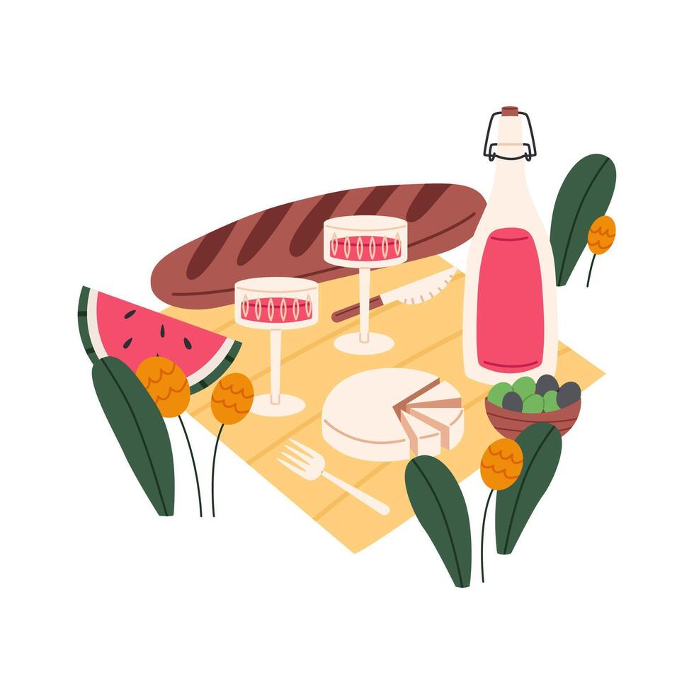 Summer romantic picnic concept. Wine, cheese and olives on blanket. Flat illustration isolated on white background. vector