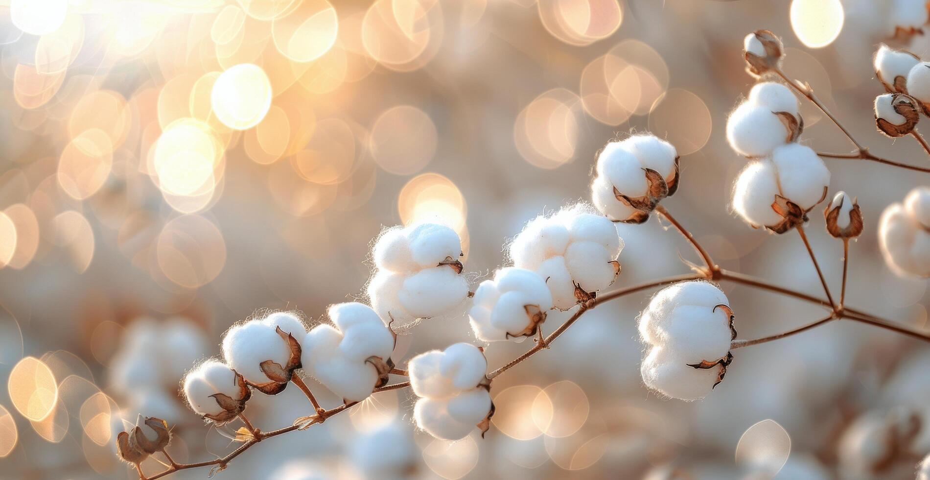 White Cotton Blossoms on a Branch in a Field With Sunlit Bokeh photo