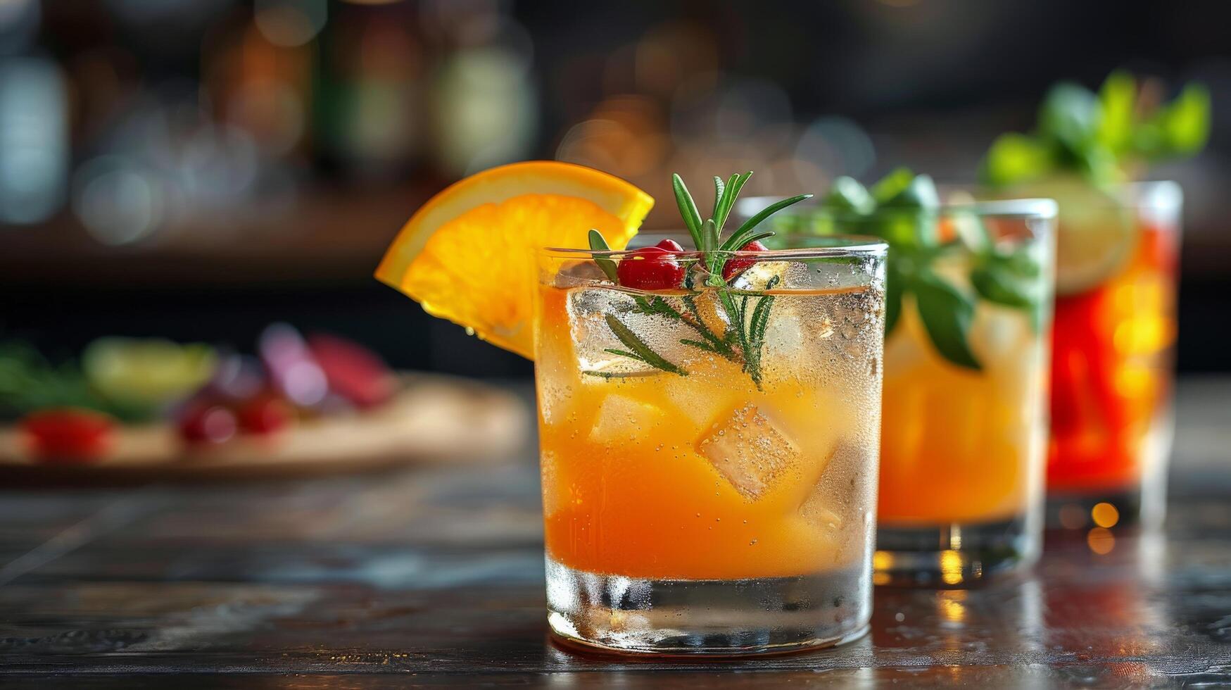 Two Refreshing Cocktails With Orange Slices and Mint Garnishes on a Bar Countertop photo