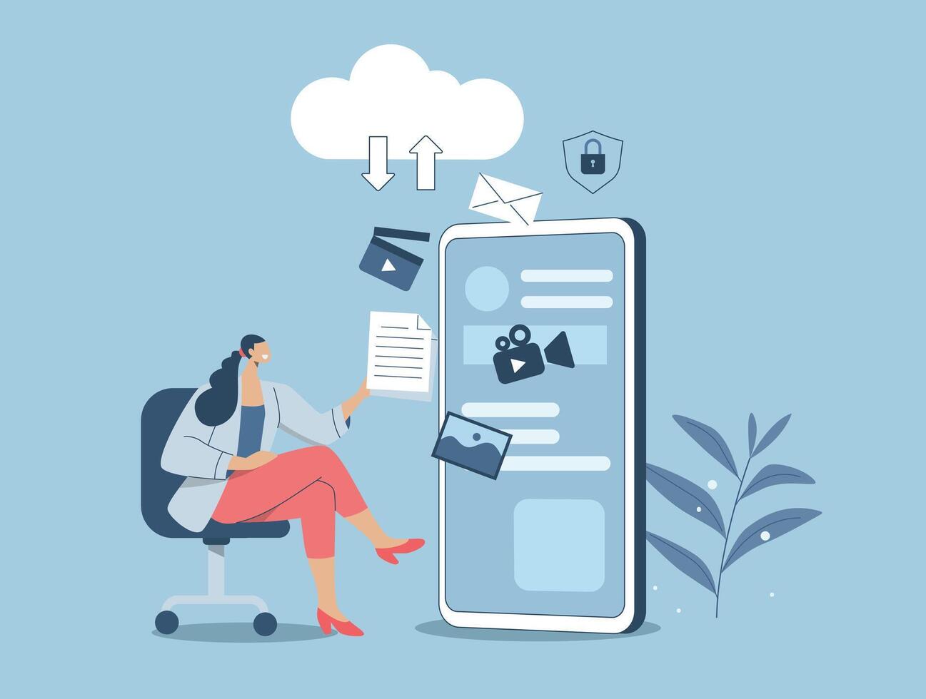 Data storage in cloud computing technology and cloud security, secure connection, storing sensitive data, Woman uses mobile phone to work securely online. design illustration. vector