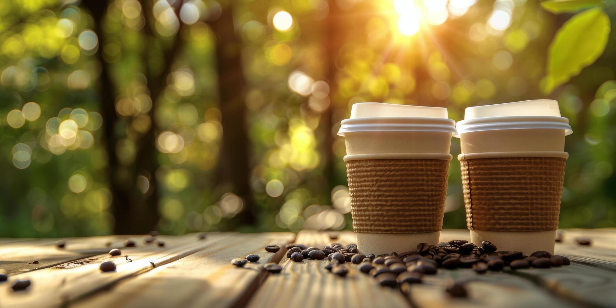 Two Disposable Coffee Cups On Wooden Table With Coffee Beans In A Sunlit Forest photo
