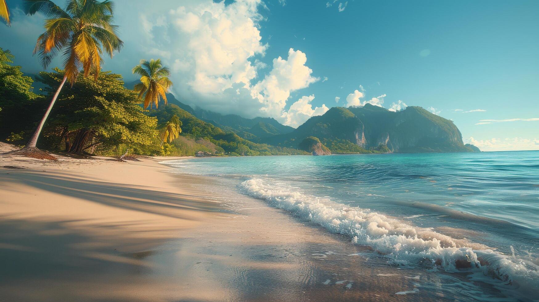 Tranquil Beach Scene With Lush Palm Trees and Sparkling Blue Water photo