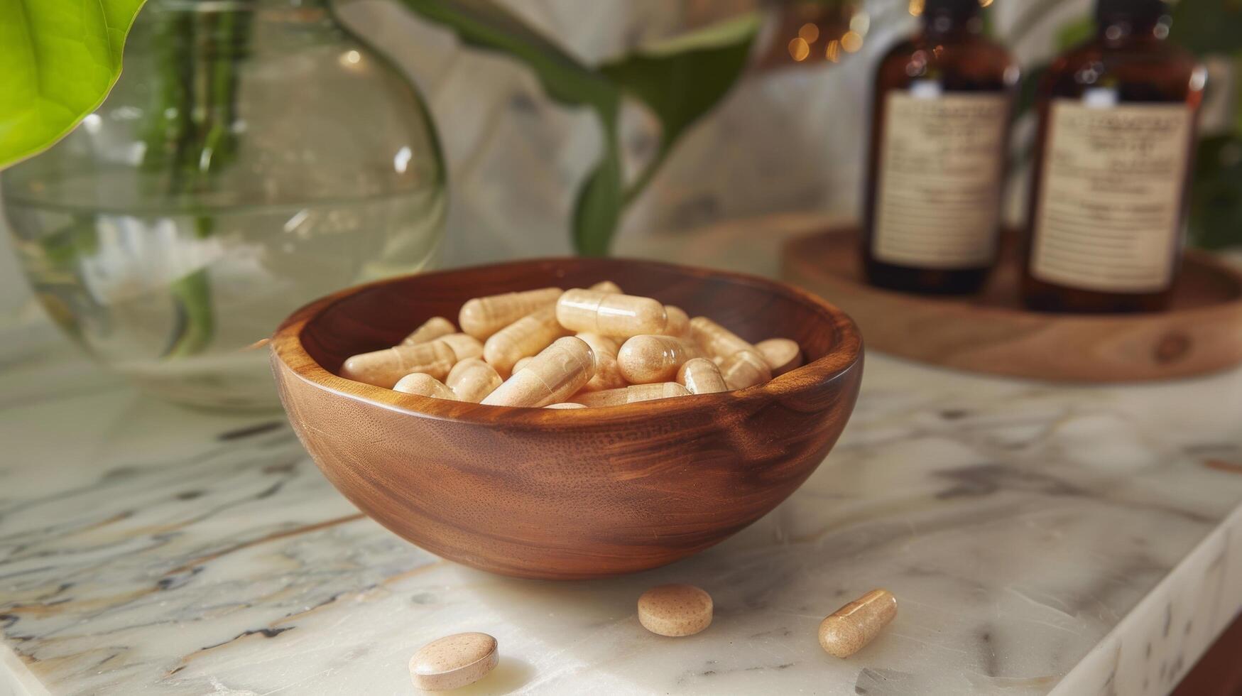 Wooden Bowl Filled With Yellow Supplements on Wooden Table With Flowers photo