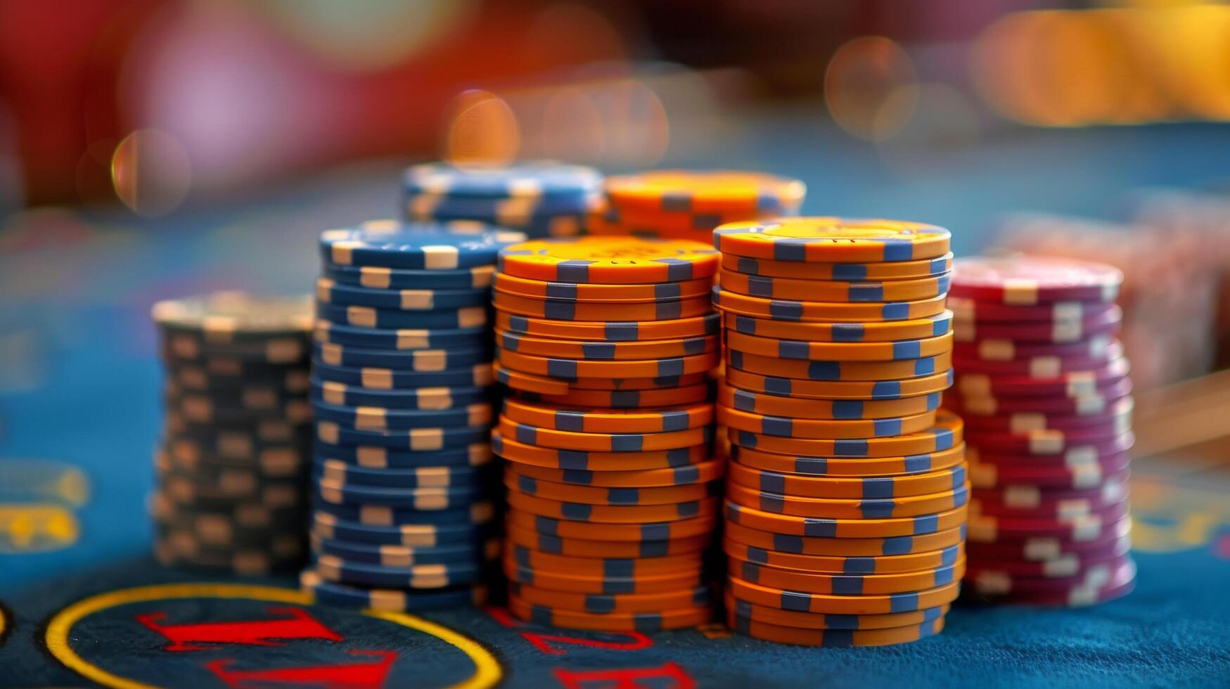 Stacks of Blue and Red Casino Chips on a Green Felt Table photo