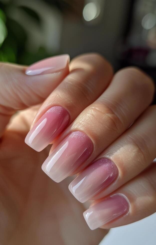 Close Up of a Hand With Pink Ombre Nail Polish photo