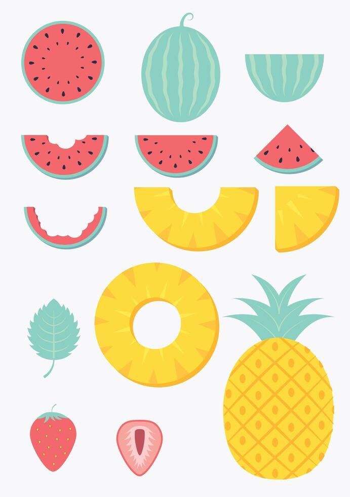 Summertime fruits set. Watermelon, pineapple, strawberries. vector