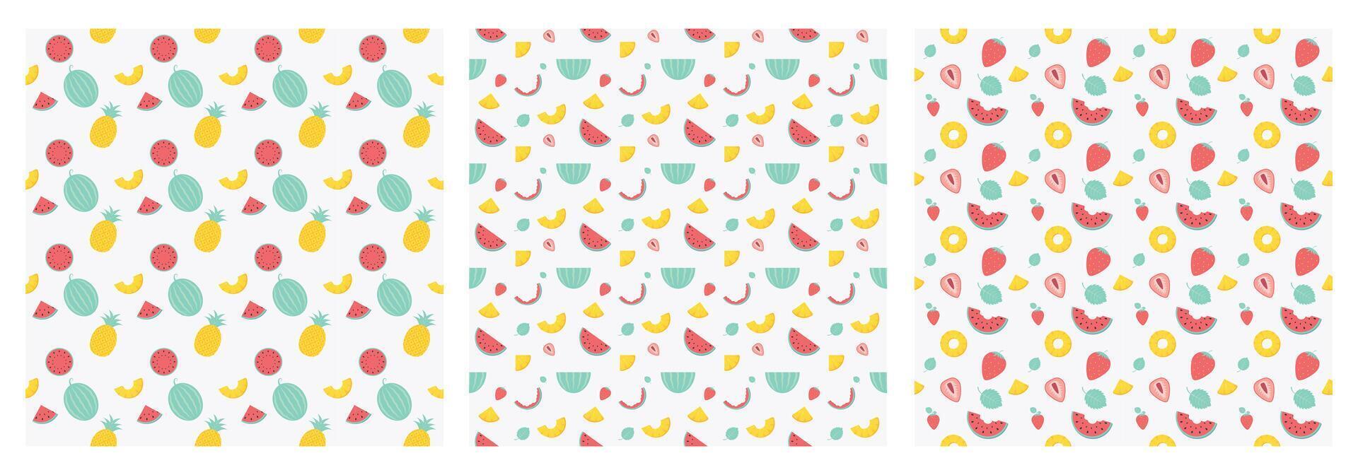 Summertime fruits patterns set. Watermelon, pineapple, strawberries. vector