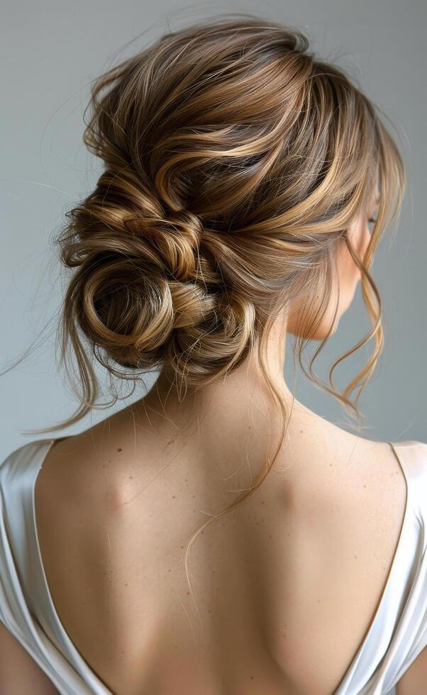 Woman With Blonde Hair in a Messy Bun Wearing a White Dress photo