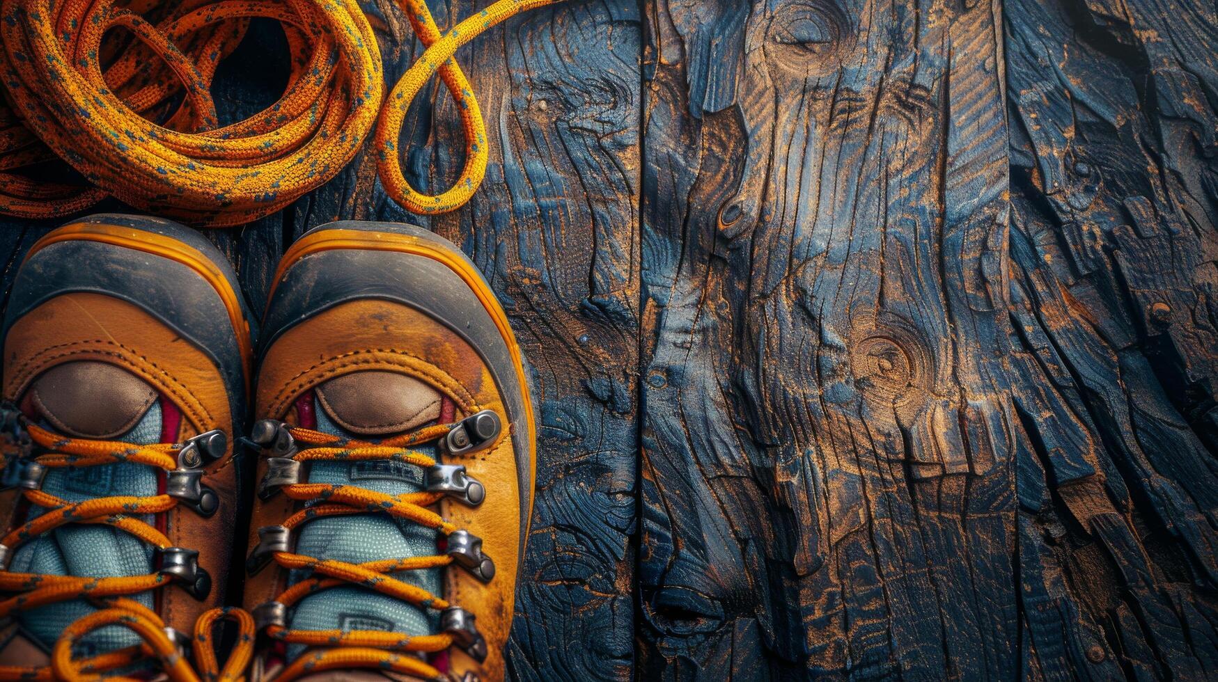 Close Up of Hiking Boots and Rope on Rustic Wooden Background photo