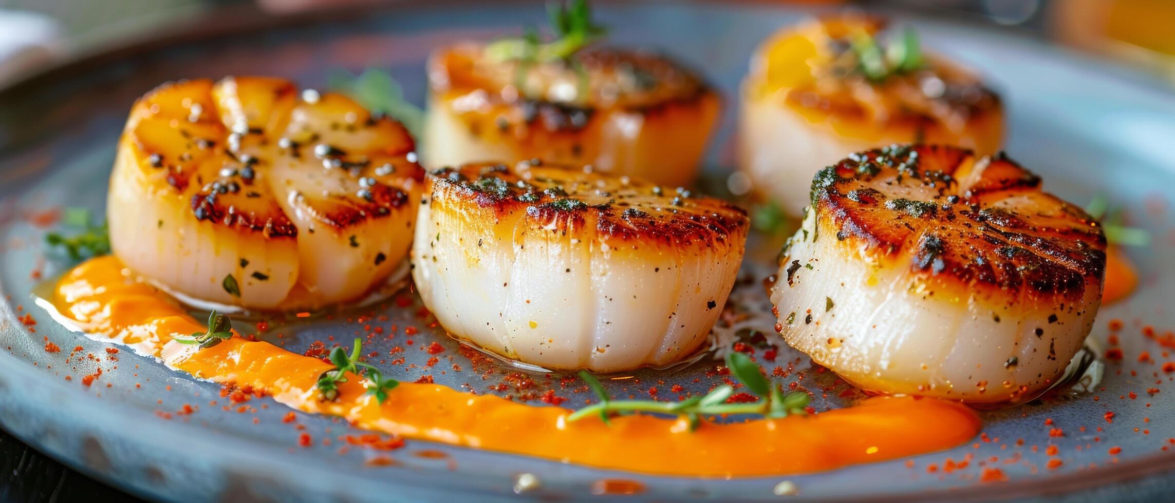 Plate of Scallops With Sauce and Garnish photo