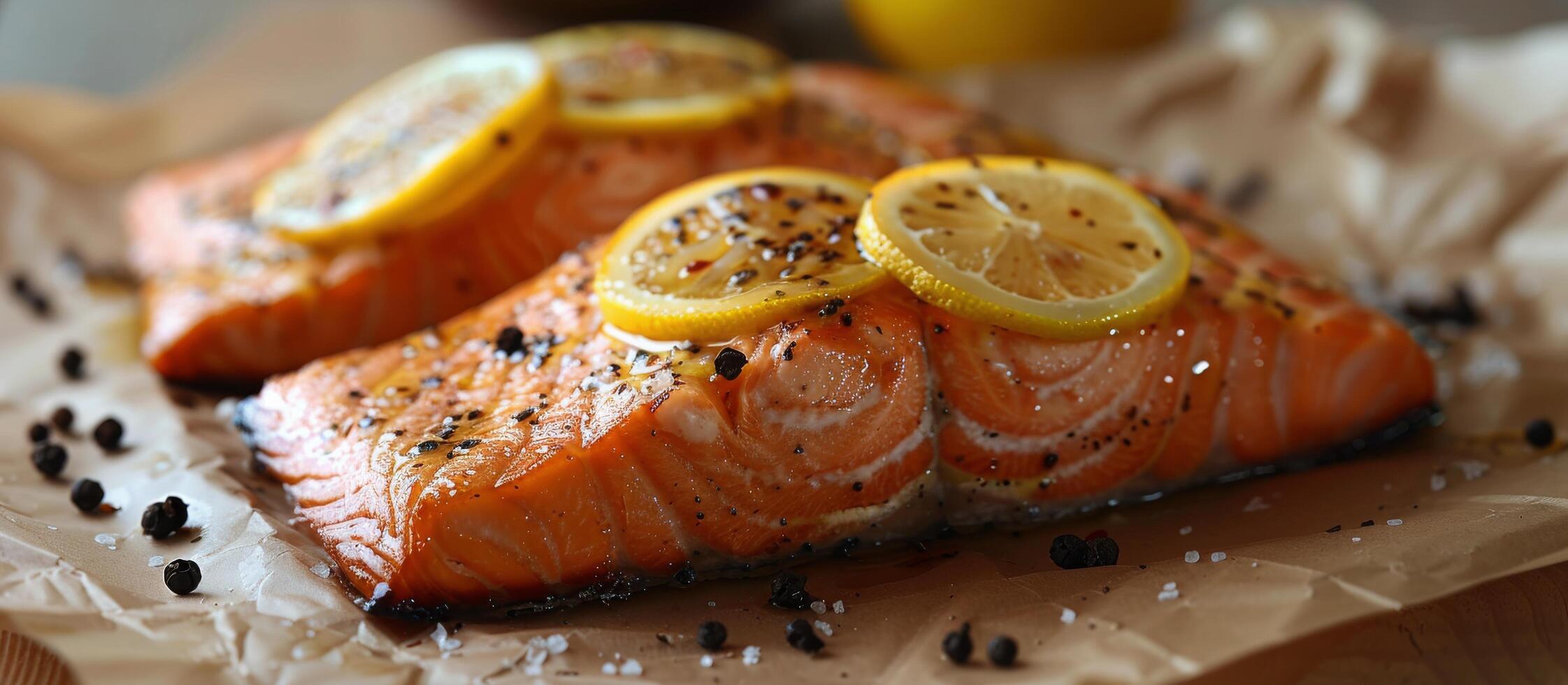Two Pieces of Salmon With Lemon Slices photo
