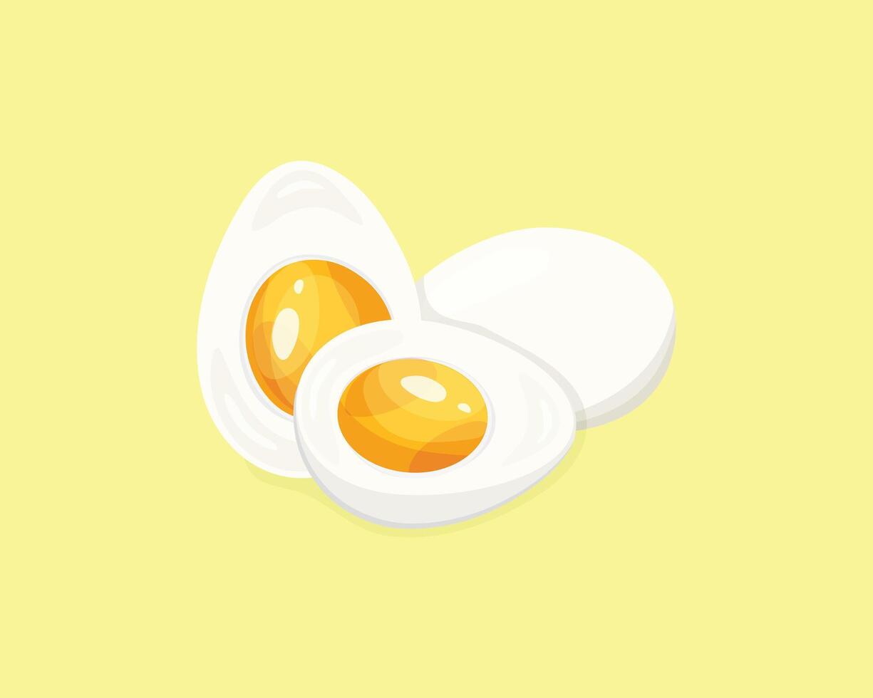 Cartoon egg isolated on yellow background. Set of boiled whole egg, and half, sliced eggs. illustration. vector