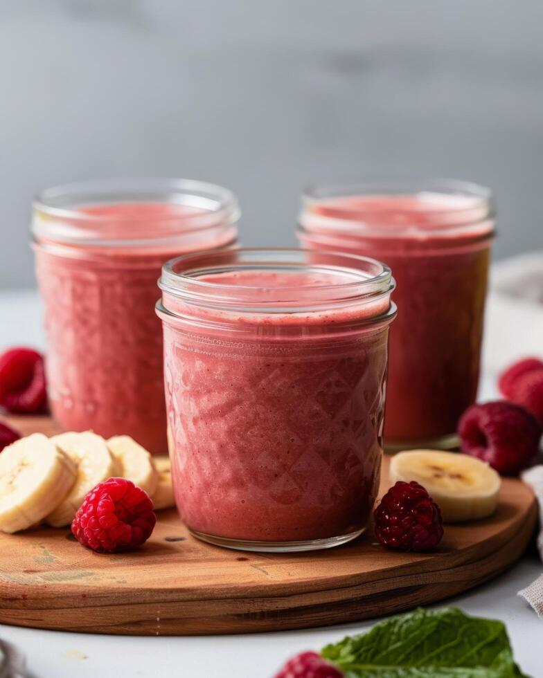 Three Mason Jars Filled With Raspberry Banana Smoothie photo