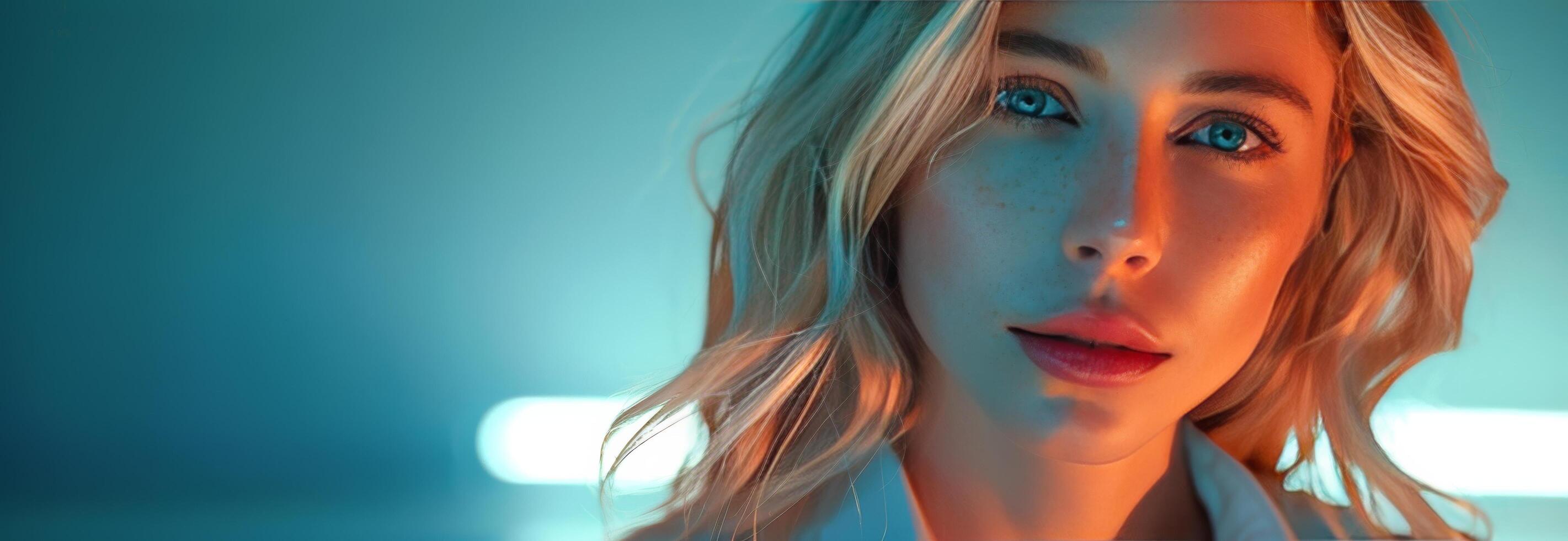 Woman With Blonde Hair Standing in Front of Blue Wall photo
