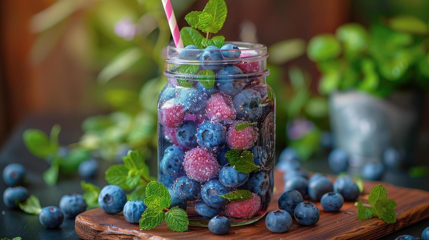Mason Jar Filled With Blueberries and Mint photo