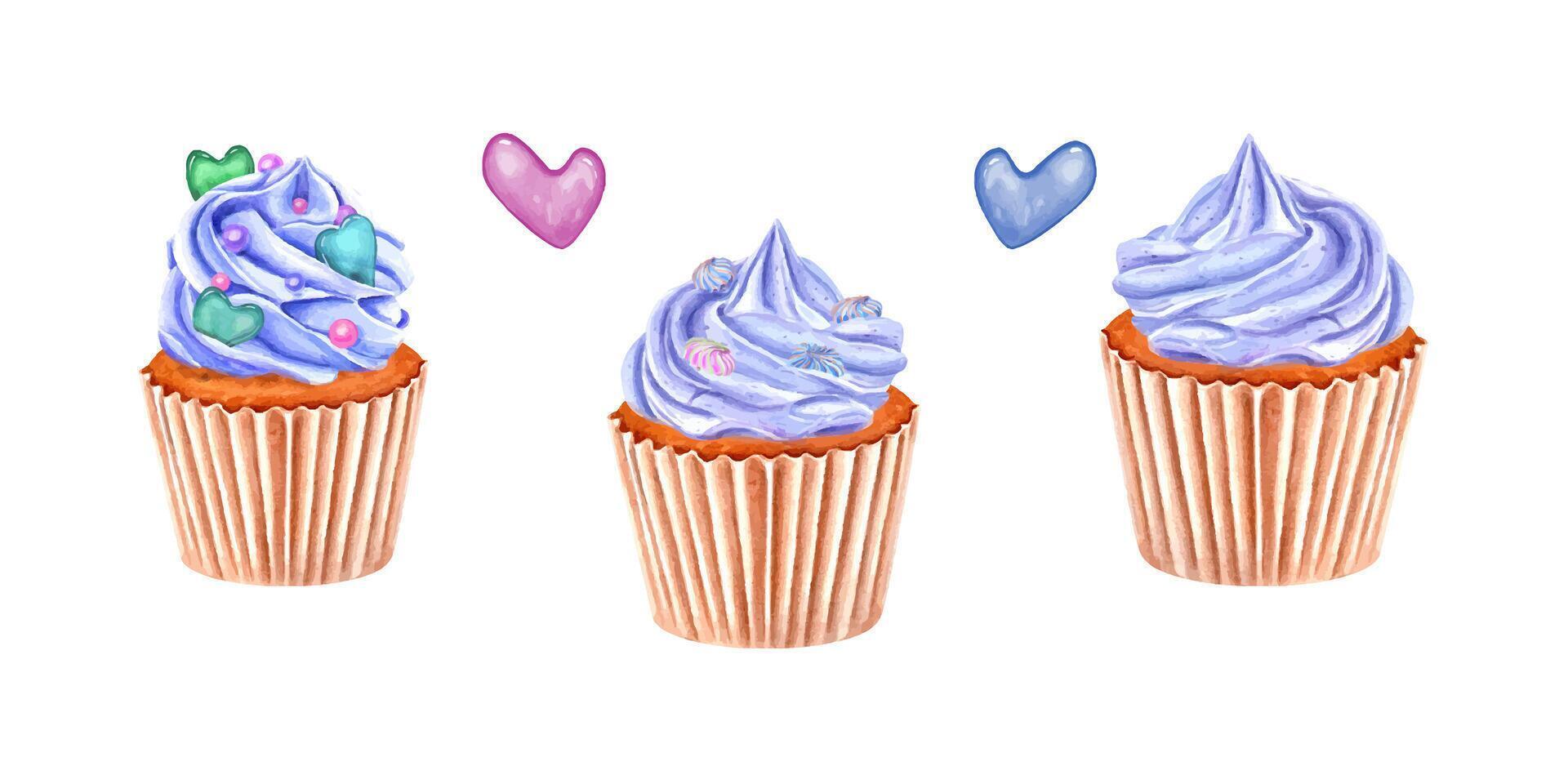 Muffin decorated with blue whipped cream. Cupcake with meringue and sweet sprinkles. Fruit heart shaped caramel. Baked cake in paper wrapper. Watercolor illustration for package, menu vector