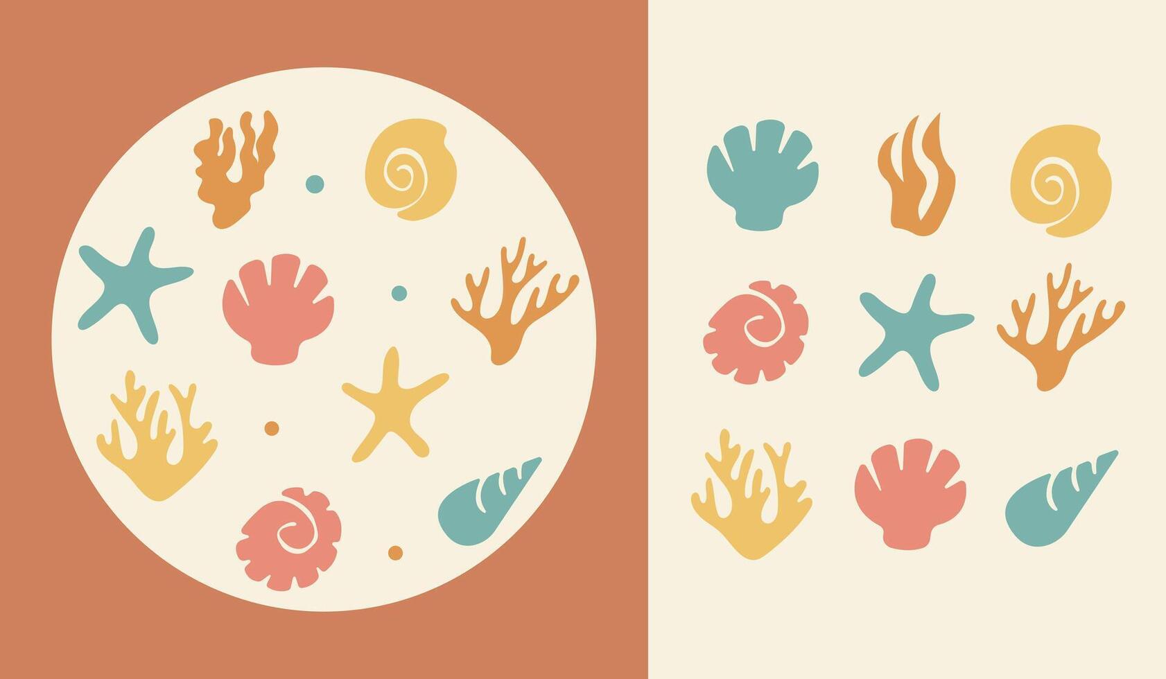 Poster with boho abstract shell coral. Sea summer elements. Minimalistic pastel starfish in modern retro style. vector