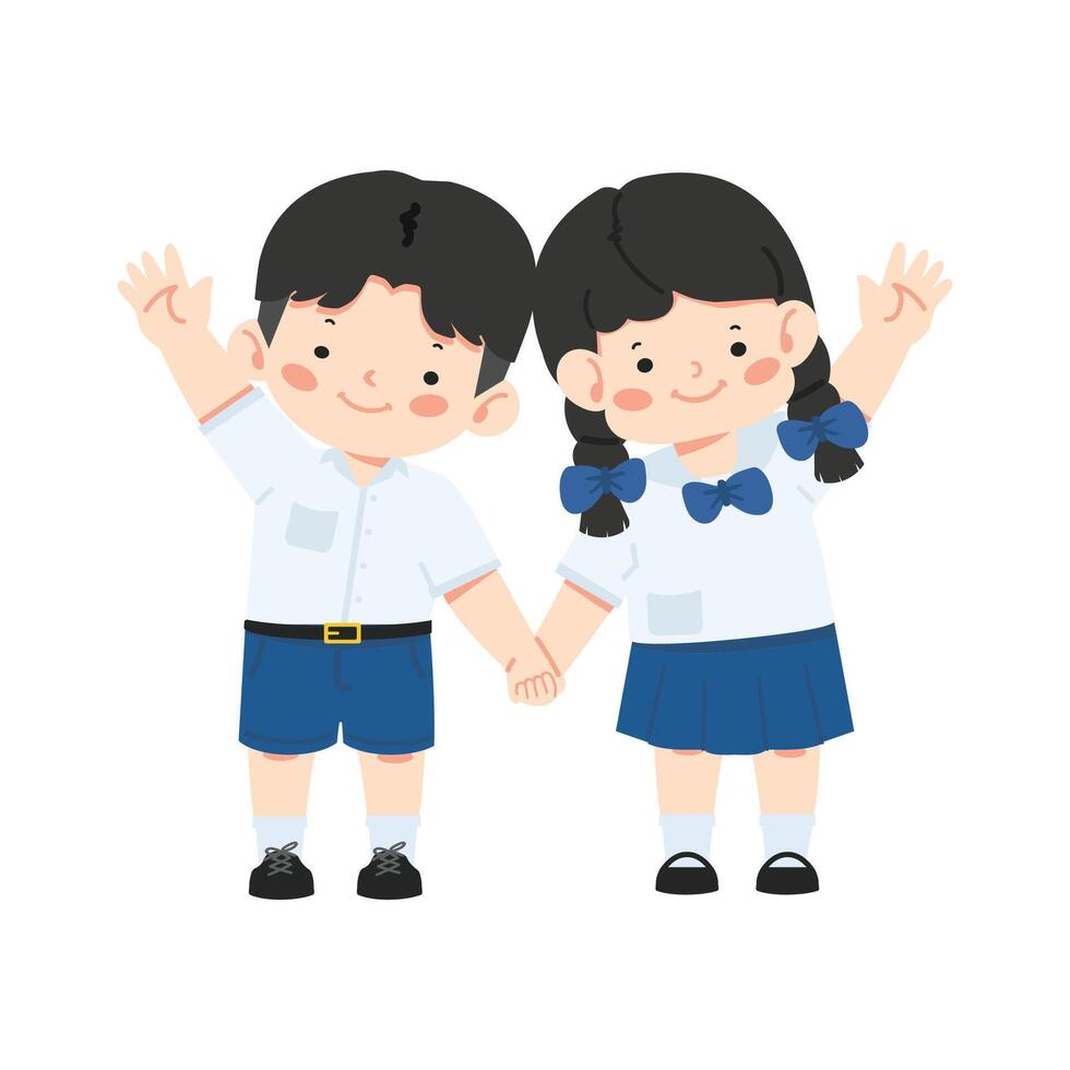 Kid waving hands and saying hi or bye to school vector