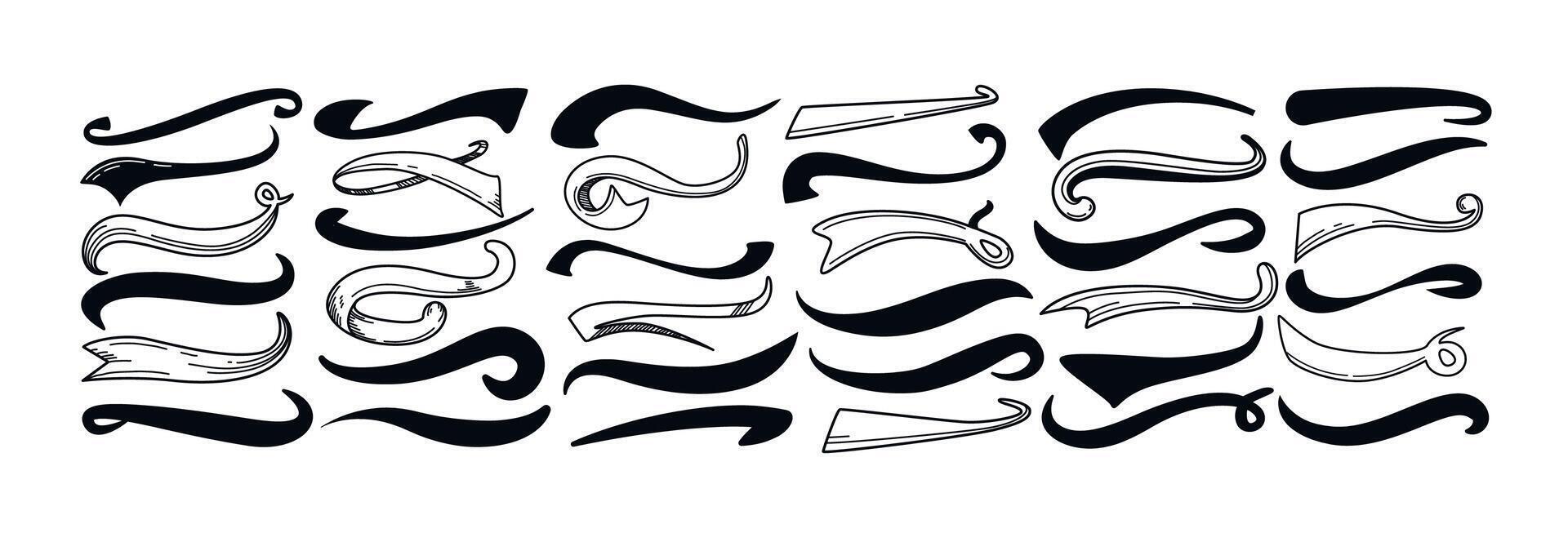Baseball swoosh, sports swash tails in retro style. Underline wave line, black calligraphic swirl for football or athletics. Hand drawn curly swishes typographic set. Logo typography elements. vector