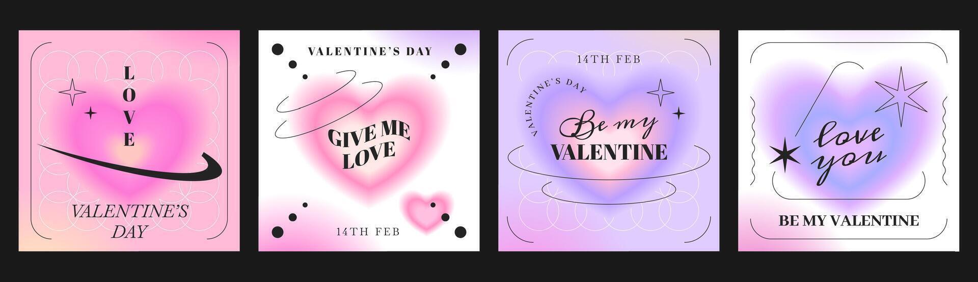 happy valentine's day greeting cards with aura heart blurred gradient. Love covers with romantic symbol. Minimalist poster or invitation banner in trendy y2k style. Social media post templates. vector