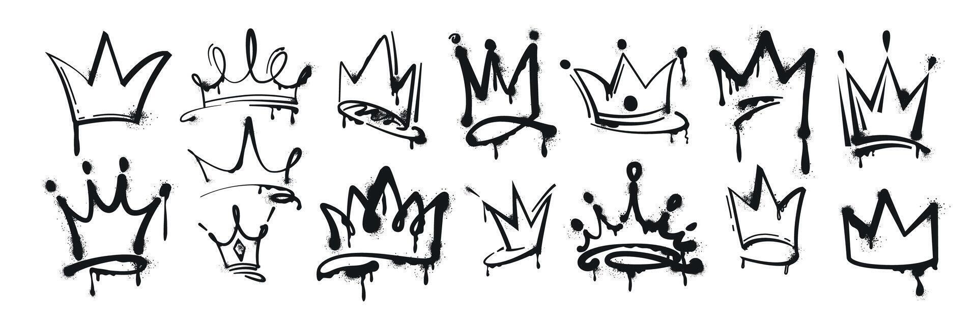 spray paint crowns set. Black ink graffiti king, queen or prince crown isolated on white background. Hand drawn princess tiara and diadem. Royal head accessories in grunge street art style. vector