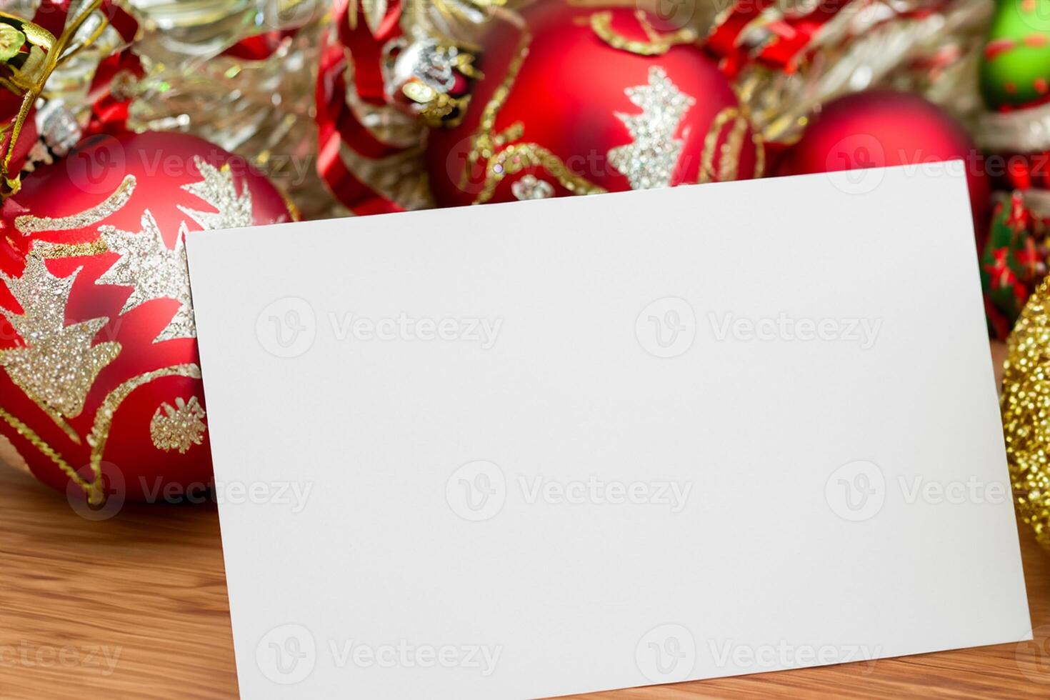 Beautiful Mockup White Card with Christmas Ornaments, A Festive Touch for Your Holiday Greetings photo