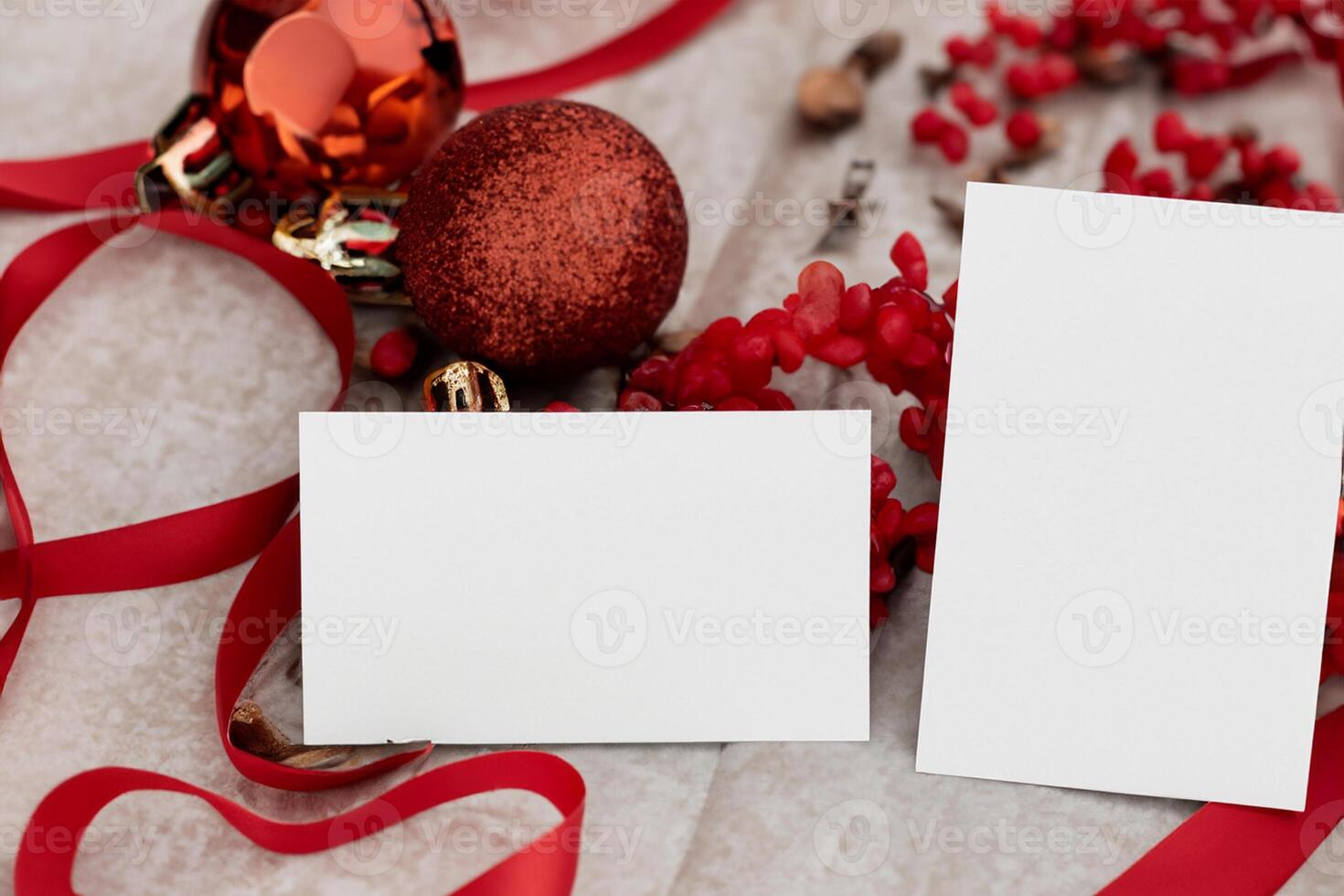 Beautiful Mockup White Card with Christmas Ornaments, A Festive Touch for Your Holiday Greetings photo