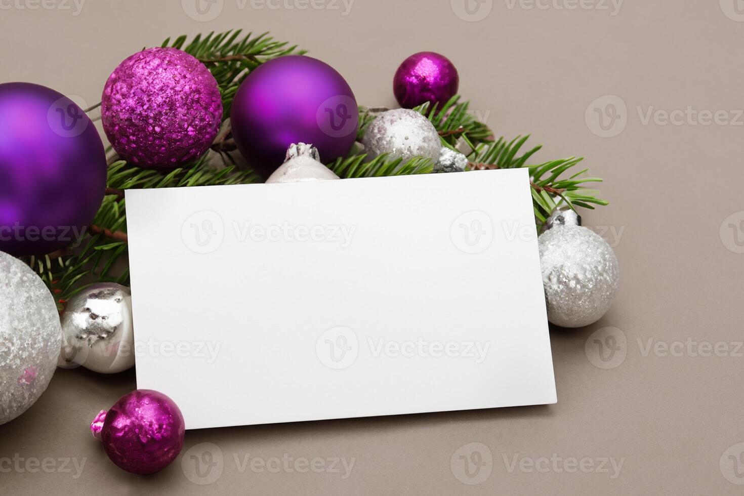 Beautiful Mockup White Card with Christmas Ornaments, A Festive Touch for Your Holiday Greetings photo