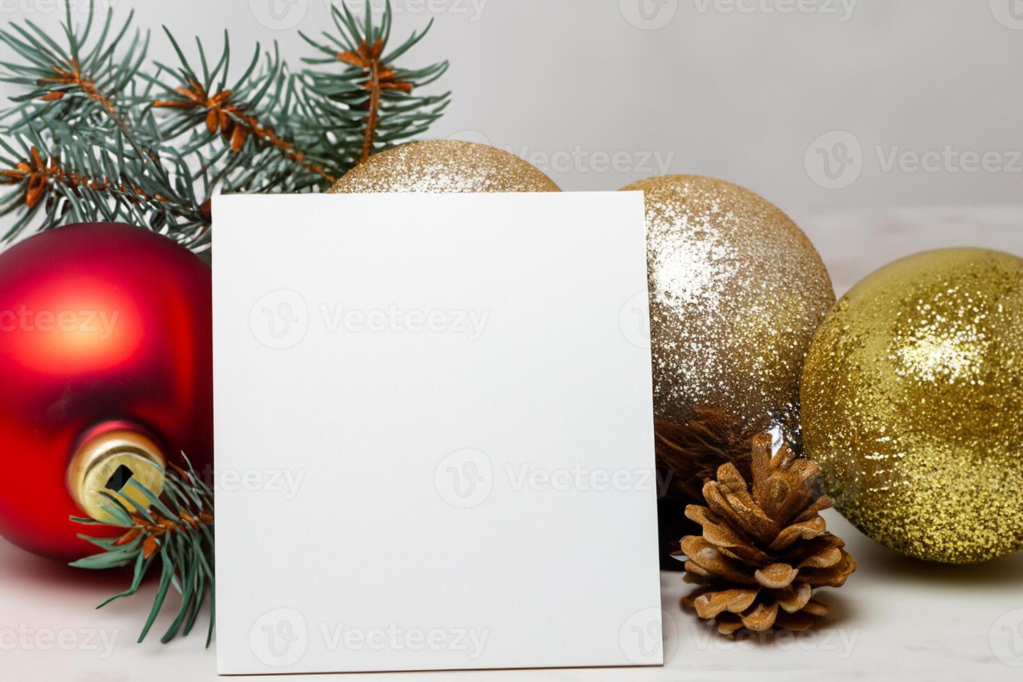 Beautiful Mockup White Card with Christmas Ornaments, A Festive Touch for Your Holiday Greetings photo