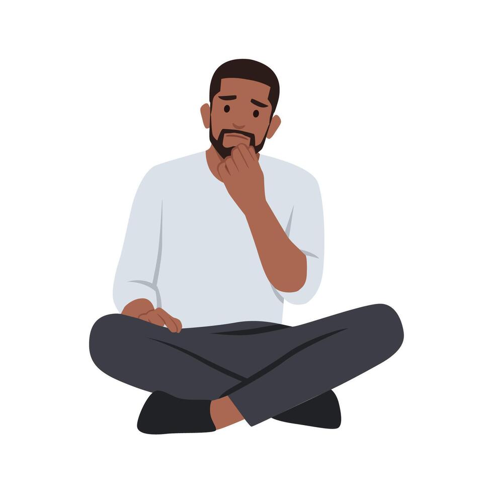 Sad man sits on the floor with tangled thoughts. vector