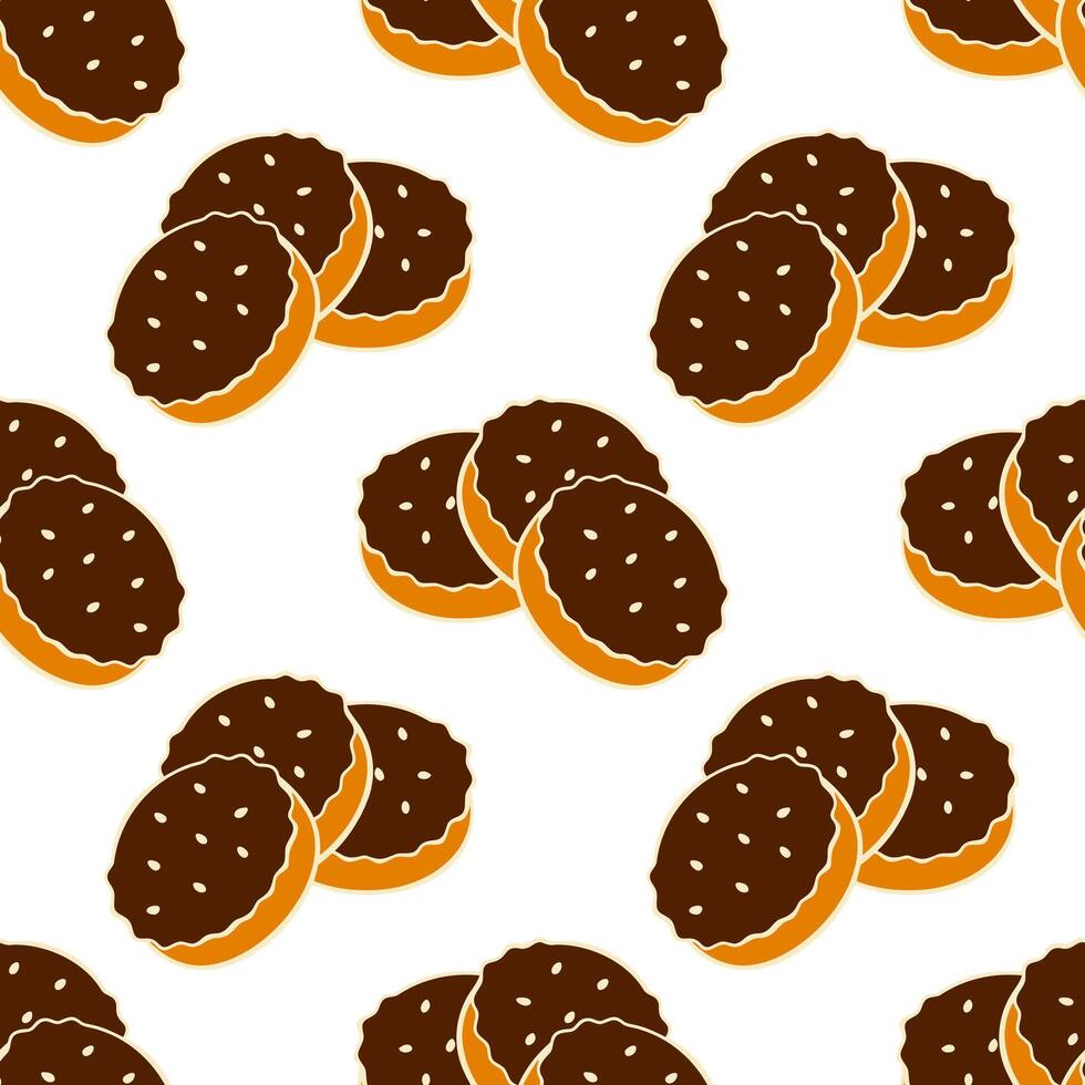 Pattern with cookies with chocolate icing and sesame seeds, on white background. vector